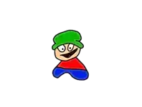 a cartoon character wearing a green hat and a red , blue and yellow shirt .