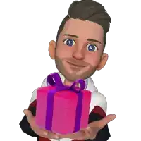 a man is holding a pink gift box with a purple bow