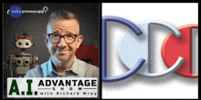 a picture of a man with glasses next to a logo for the advantage show