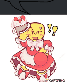 a drawing of a yellow face in a maid costume holding a cake