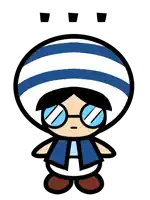 a cartoon character wearing glasses and a blue and white hat