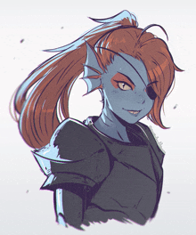 a drawing of a fish girl with a ponytail and a sword