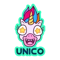 a cartoon unicorn with stars in its eyes and the word unico below it