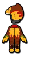 a cartoon character with a helmet and a flame on his chest