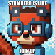 a picture of a fox wearing glasses and headphones with the words " stumberri is live join up "