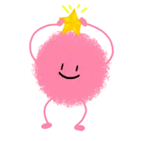 a pink cartoon character is holding a yellow star on its head