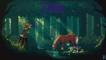 a pixel art of a horse in a forest with the legend of zelda in the background