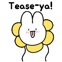 a cartoon rabbit with a yellow flower around its neck and the words tease-ya