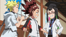 three anime characters are standing next to each other and one of them is wearing a graduation cap