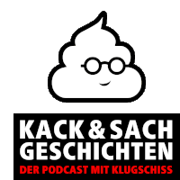 a logo for kack & sach geschichten shows a poop wearing glasses