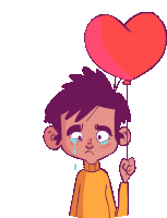 a crying boy is holding a heart shaped balloon