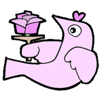 a pink bird with a heart on its head is holding a purple rose