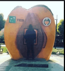 a man is standing in front of a large orange sculpture of a vagina .