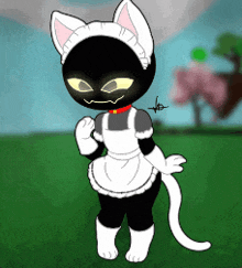 a black cat is wearing a white apron and gloves .