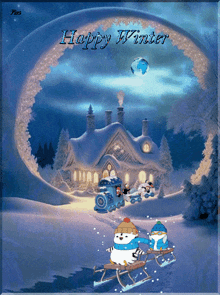 a happy winter greeting card with a snowy scene