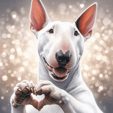 a bull terrier is making a heart with its paws