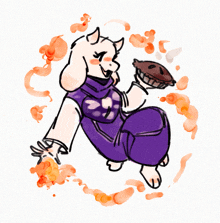 a drawing of a goat in a purple dress holding a cupcake