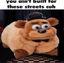 a stuffed bear wearing a top hat is standing on a checkerboard floor .