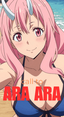 a picture of a girl in a bikini with the words call to ara ara on the bottom