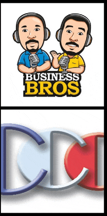 a cartoon of two men holding microphones with the words business bros on top