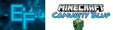 a minecraft community blup logo next to a green minecraft creeper