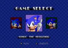 a game select screen for sonic the hedgehog with a play and credits button