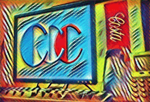 a painting of a dell computer with the word ccc on the screen