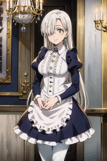 a girl in a maid outfit stands in a room