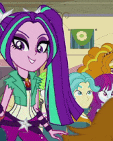 a cartoon girl with purple and green hair is smiling in front of a group of girls