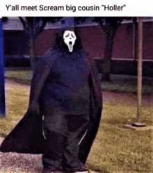 a person dressed as scream is standing in a park