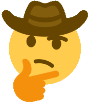 a smiley face wearing a cowboy hat has a finger on its chin