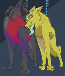 a drawing of two wolves standing next to each other with one crying