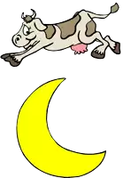 a cow jumping over a yellow crescent moon