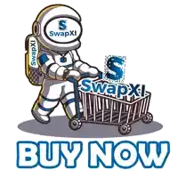 a cartoon of an astronaut pushing a shopping cart with the words buy now below him