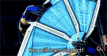 a video game character holding a fan with the words " you will learn respect " written on it