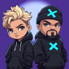 a cartoon drawing of two men wearing black hoodies with a blue x on them