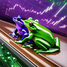 two frogs are sitting in front of a computer screen with a stock chart behind them