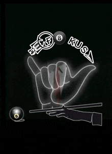 a drawing of a hand holding a pool ball with the word kusa on it