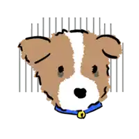 a drawing of a brown and white dog with a blue collar on