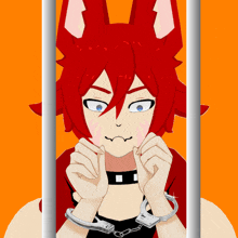 a red haired anime character with handcuffs on his hands