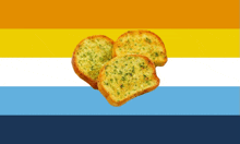 three slices of garlic bread are sitting on a colorful background