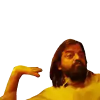 a man with long hair and a beard is making a gesture with his arm