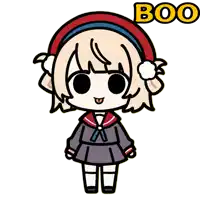 a cartoon of a girl with the word boo behind her