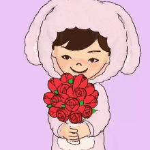 a girl in a bunny costume is holding a bouquet of roses .