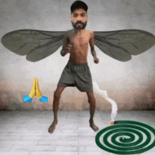 a man with wings is dancing next to a mosquito coil .