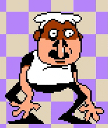 a pixel art drawing of a man with a mustache wearing a maid outfit .