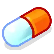 a blue and orange capsule with a red border