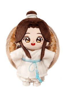 a stuffed doll wearing a white kimono and a bamboo hat