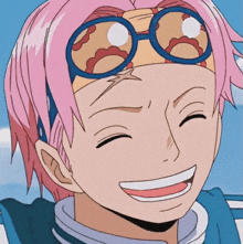 a close up of a cartoon character with pink hair and glasses