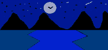 a drawing of mountains and a river at night